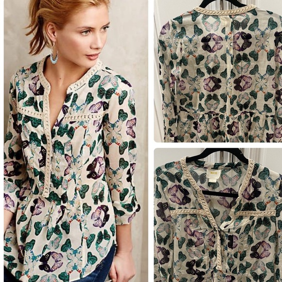 Maeve Tops - Anthropologie Maeve Abella Pintuck Butterfly Cotton Shirt Blouse Sz 2  XS